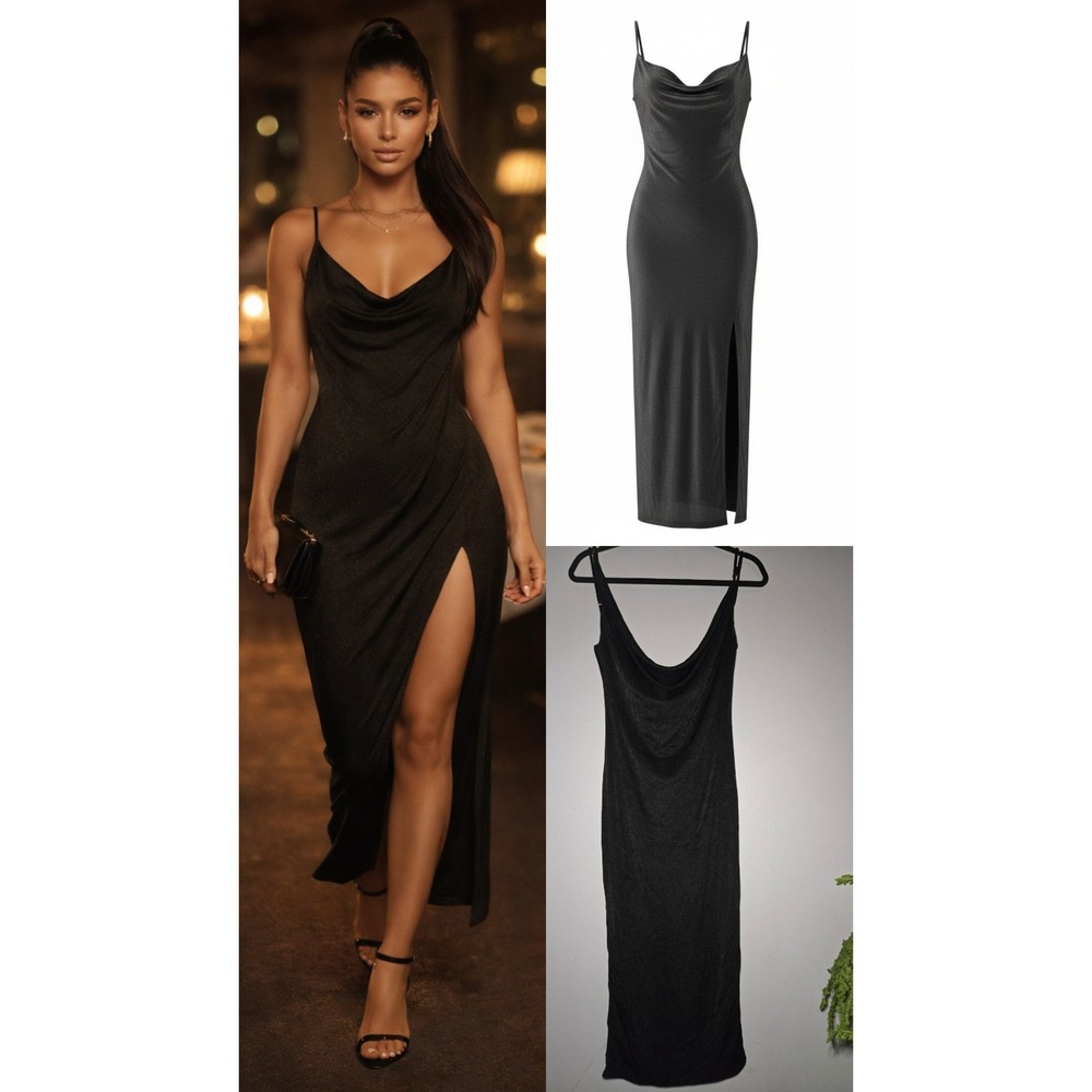 Blanc Clothing Black Slinky Midi Dress Cowl Neck Bodycon Side Slit Large